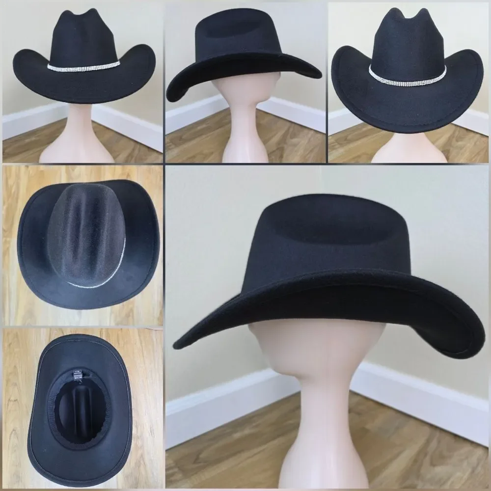 ☔️🩵Black & Rhinestone Band Wide Brim Cowgirl Hat Medium - Picture 13 of 15